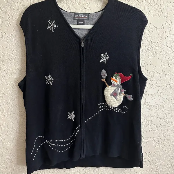 Woolrich Sweater Vest Black L Womens Snowman Snowflake Embroidered Holiday - Image 2