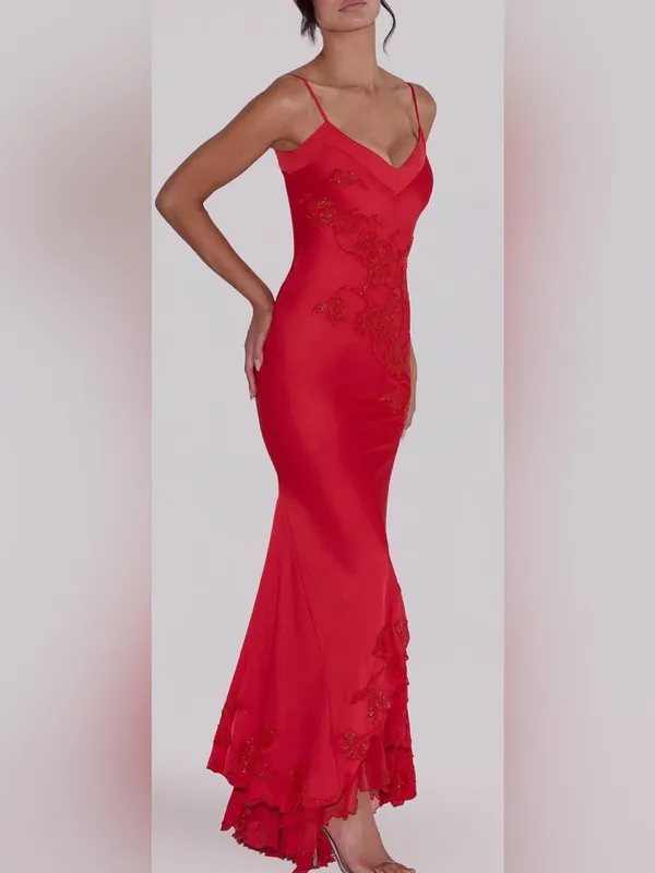 NEW House of CB Anastelle Bead Embellished Satin Mermaid red Gown Sz L+ XL - Image 3