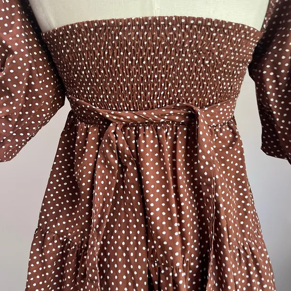 Faithfull the Brand Eryn‎ Mini Dress Brown & White Polka Dot Puff Sleeve Sz 4 - Image 10