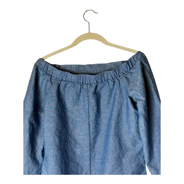 Free People Shirt Women XS Blue Off‎ The Shoulder Chambray Tie Cuff Top Boho - Image 6