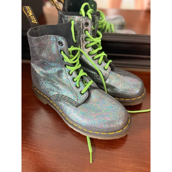 Dr. Martens Womens Combat Boots 7 Silver Leather Pascal Iridescent Crackle - Image 2