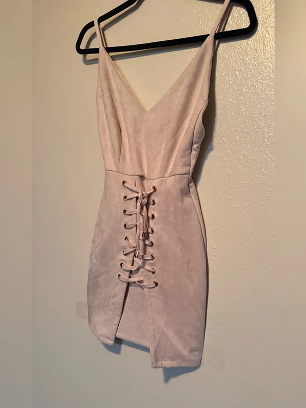 Nude Faux Suede Lace Up Bodycon Mini Dress | Blush Pink | Corset Detail | Small - Image 3