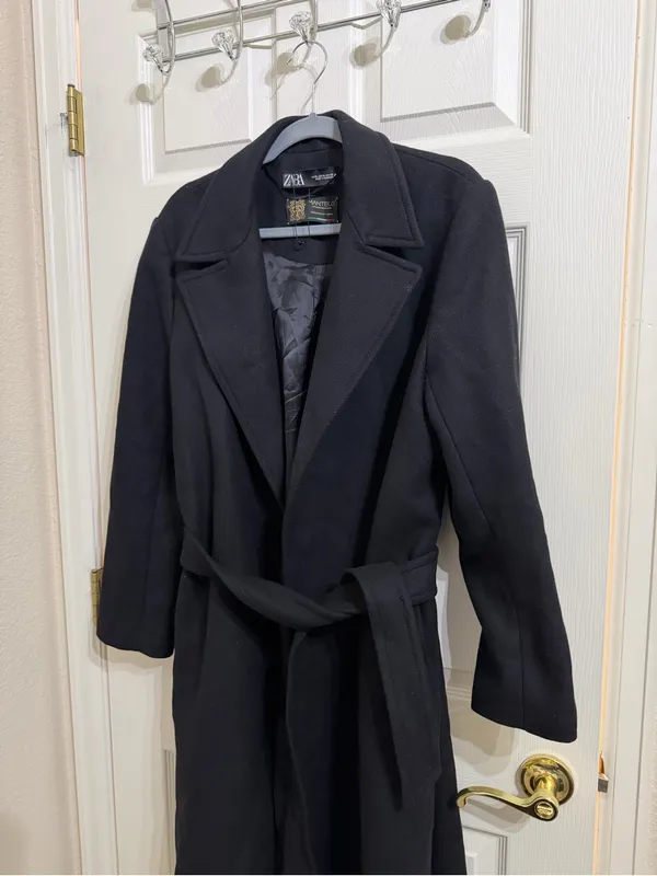 Zara Manteco Wool Wrap Black Long Length Coat - Image 5