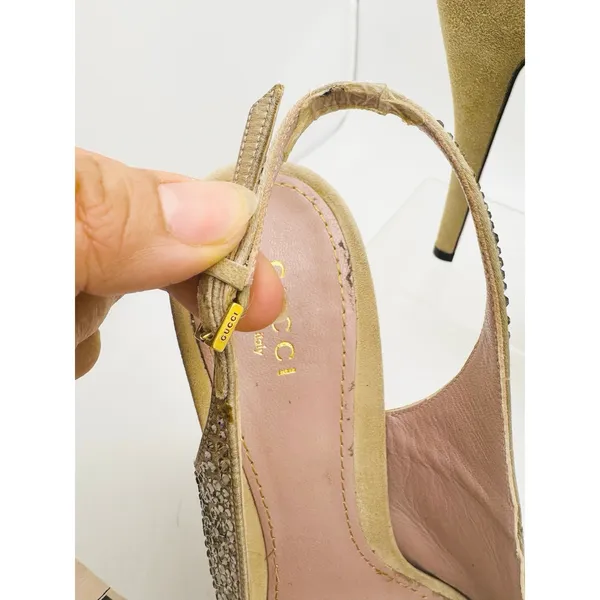 Gucci Tan Suede Crystal Slingback Peep Toe Pumps Heels Women’s EU 37.5 - Image 8