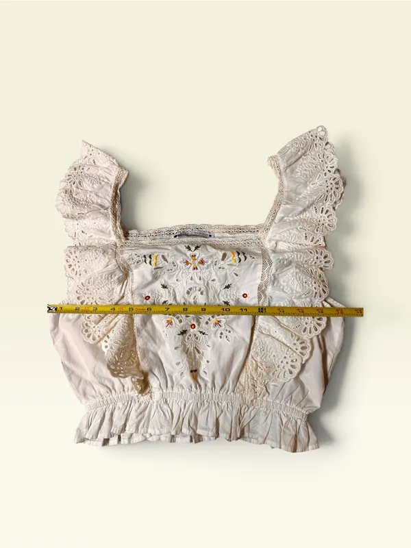 Zara Women's Blouse White Square Neck Lace Embroidered Pullover 100% Cotton XS - Image 5