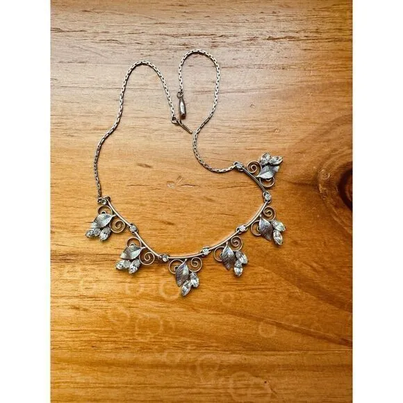 Vintage Krementz Silver Tone Crystal Leaf‎ Flowers Wedding Bridal 15" Necklace - Image 10