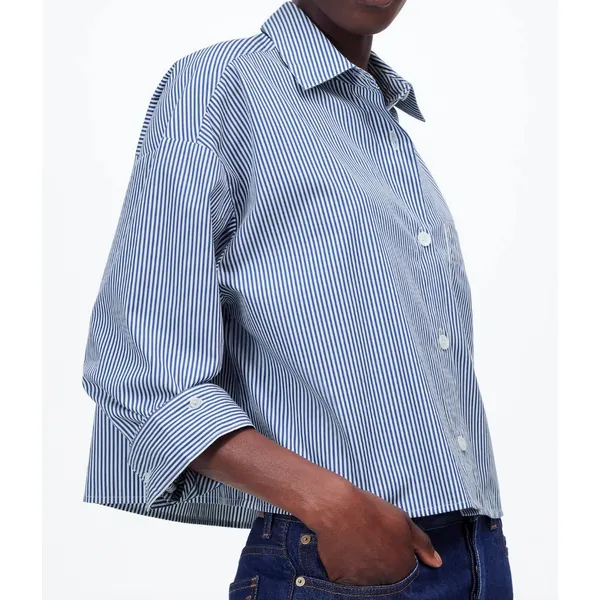 Madewell Straight-Hem Button Up Cropped Shirt in Blue / White Stripe Size Large - Image 2