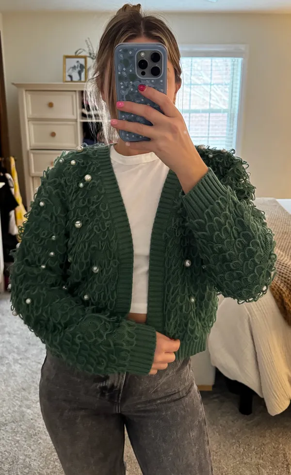 Mighty fine Forest green cardigan with pearl details - Image 2