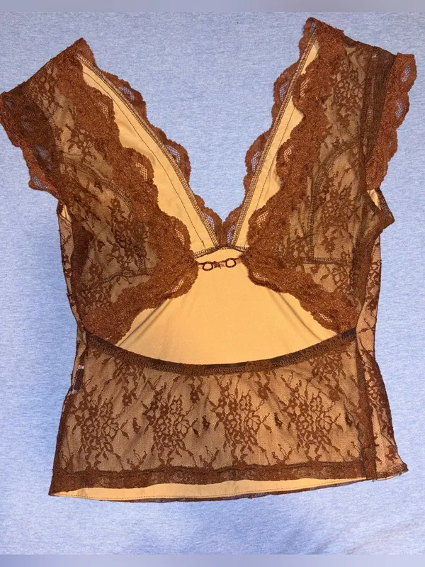 Shein Brown Lace V-Neck Sheer Tank Top - Image 5