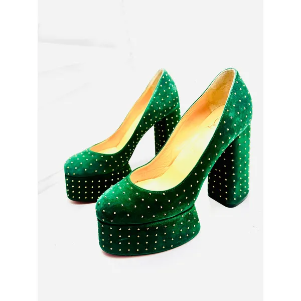 Christian Louboutin Foolish 130 Velvet Studded Platform Pumps Green EU 38 - Image 10
