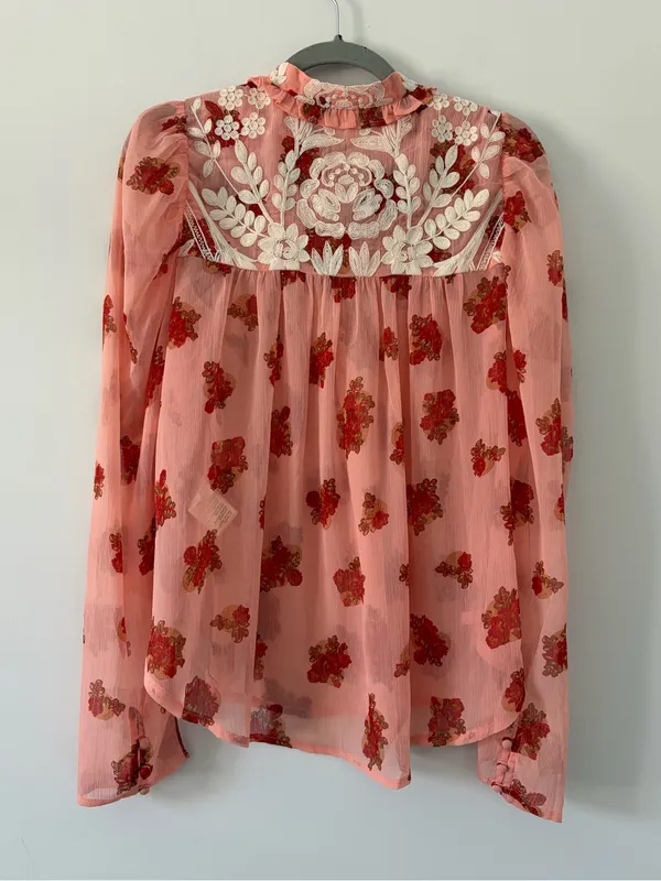 Free People Pink Red Patricia Floral Embroidered Sheer Long Sleeve Boho Blouse M - Image 6