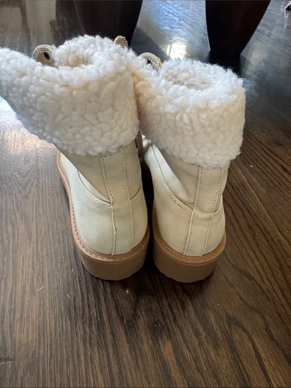 JustFab Cream Sherpa-Lined Lace-Up Ankle Boots - Image 5