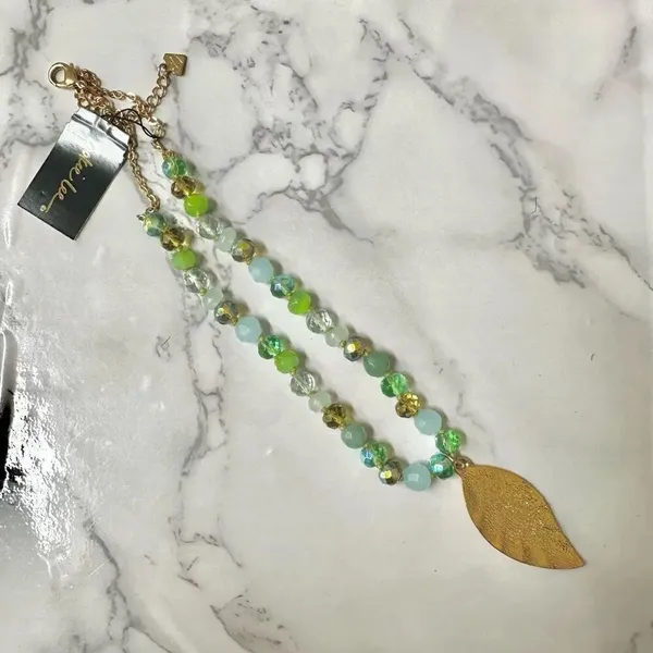 Cookie Lee green glass bead crystal leaf pendant necklace - Image 6