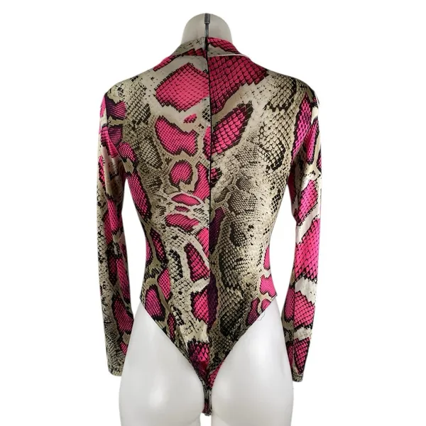 Fashion Queen Women's Multicolor Snake Skin Long Sleeve Mock Neck Bodysuit Top S - Image 2