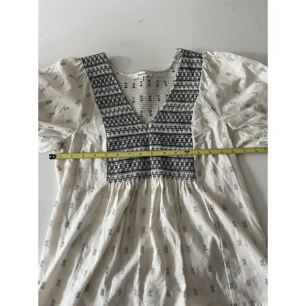 Madewell Embroidered Smocked V Neck Puff Sleeve Peasant Top Cream Navy XS - Image 7