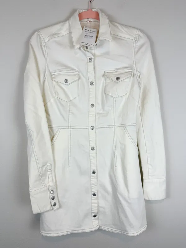 NWT Free People Dynomite Denim White Long Sleeve Mini Shirt Dress Size‎ XS - Image 3