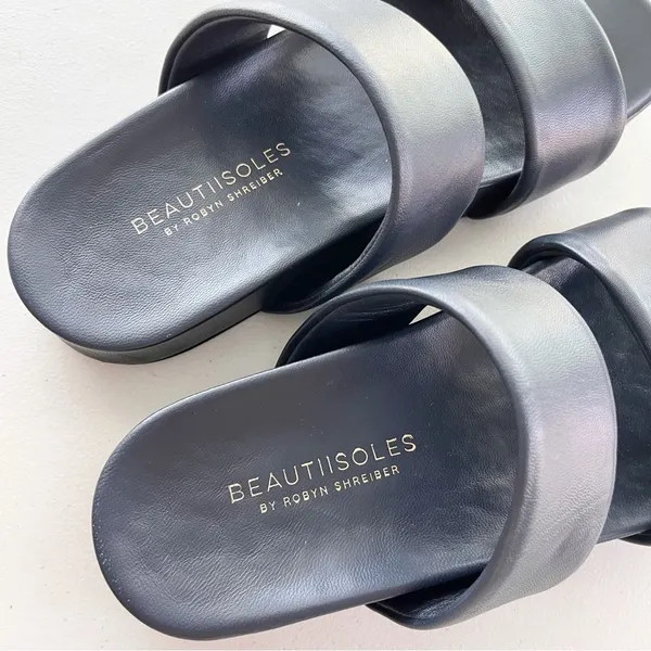 Beautiisoles Navy Blue Double-Strap Leather Minimalist Summer Slide Sandals - Image 2