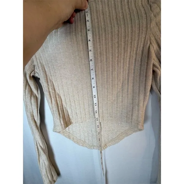 SHEIN Cropped Top Womens Size S Beige Ribbed Knit Square Neck Long Sleeve - Image 9