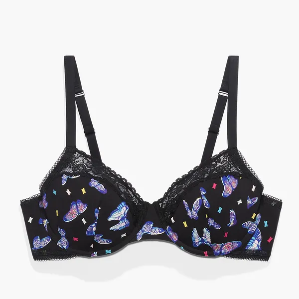 Savage X Fenty Cotton Essentials Unlined Bra Lace Bad Butterfly Black Size M Breathable Fabric: Soft and stretchy signature cotton-jersey body construction for comfortable, all-day lounge or streetwear wear.Unlined Support: Features lightweight, unlined 3-layer underwire cups and supportive wings designed to hug and lift your natural shape without extra bulk.Signature Details: Finished with delicate, tonal scalloped logo lace trim running along the cups.Custom Fit: Features fully adjustable shoulder straps and a classic hook-and-eye back closure with tonal nylon-coated hardware.Materials: Body is 95% Cotton, 5% Elastane; Delicate Lace trim is 82% Polyamide, 18% Elastane.Care Instructions: Hand wash cold, lay flat to dry. - Image 7