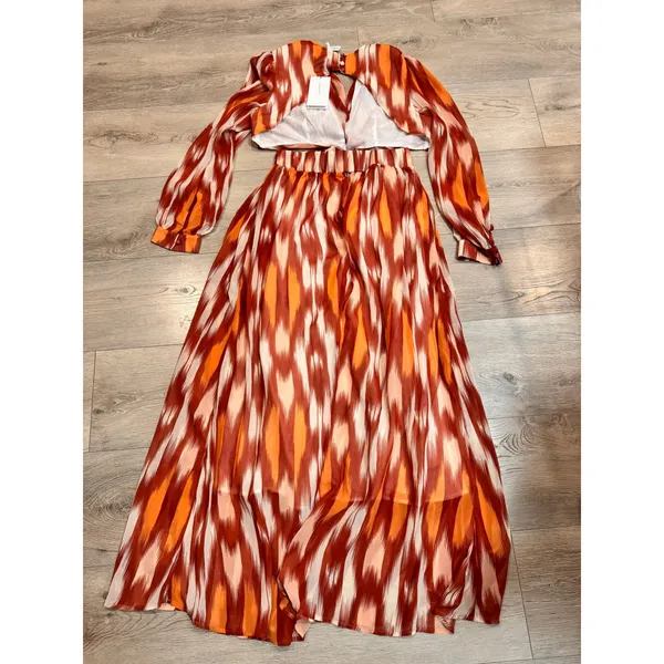 NWT O.P.T Kimia Orange Ikat Maxi Dress Belted Plunge‎ Neck Medium M - Image 2