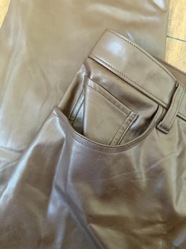 Abercrombie The 90s Straight Ultra High-Rise Brown Leather Faux Pants - Image 5