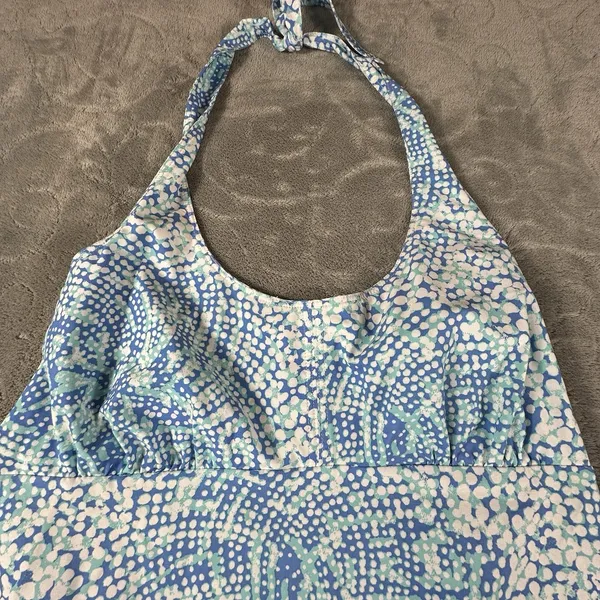 Columbia PFG Halter Dress Medium Blue Aqua Print Smocked Back Beach Sundress - Image 3