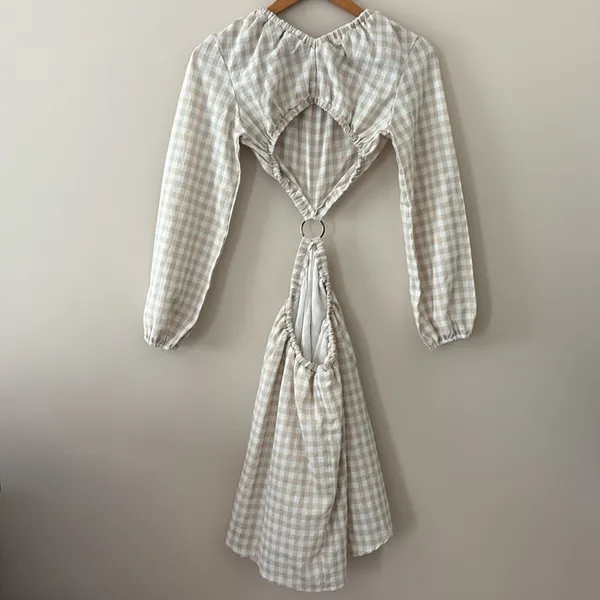 Petal & Pup‎ Beige Cut Out Gingham Dress 100% Cotton Mini Puff Sleeves Size 4 - Image 8
