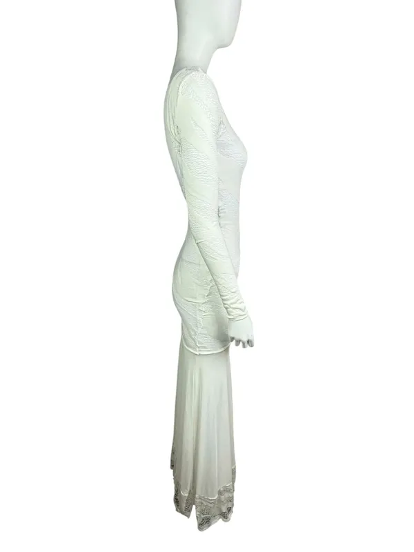 Auditions White Textures Mesh Long Sleeve Maxi Gown with Low Back and Lace Hem D - Image 3