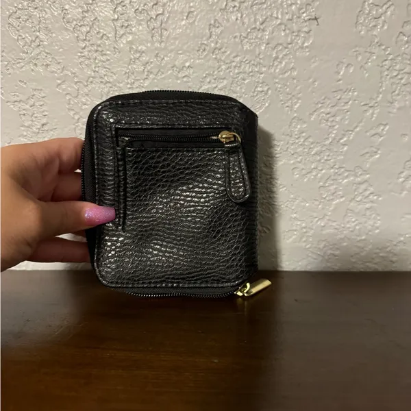 Black Leather Wallet with Gold Zipper - Image 4