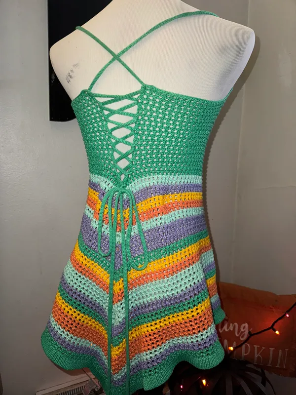 Crochet mini dress in green and purple hues - Image 2