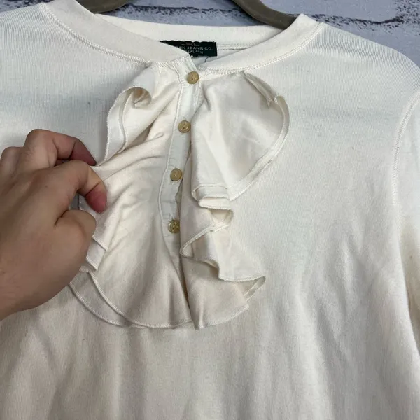 Lauren Jeans Co Ruffle Front ¼-Button Long Sleeve White Top Preppy M Blouse Y2K - Image 8