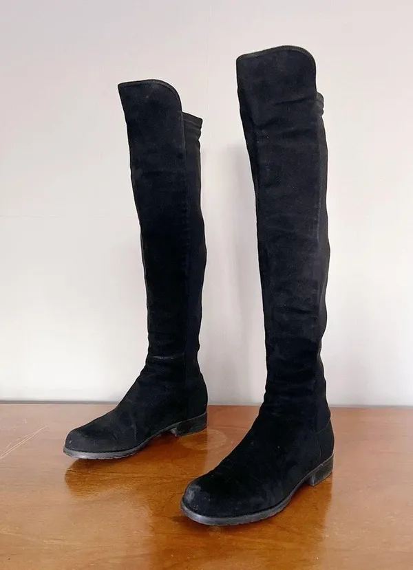 Stuart Weitzman • 5050 Stretch Suede Boots black tall low heel knee high otk - Image 3