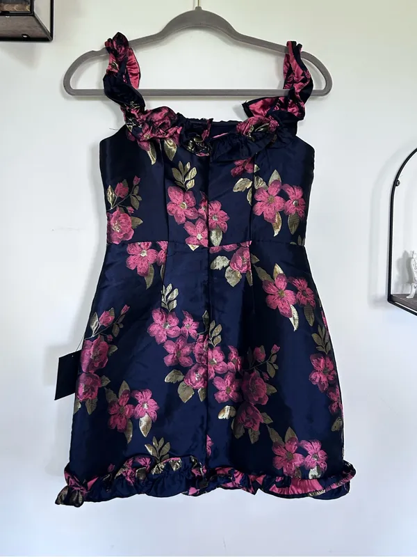 NWT Lulus Pop the Bottle Navy Blue Floral Jacquard Ruffled Mini Dress Size Small - Image 2