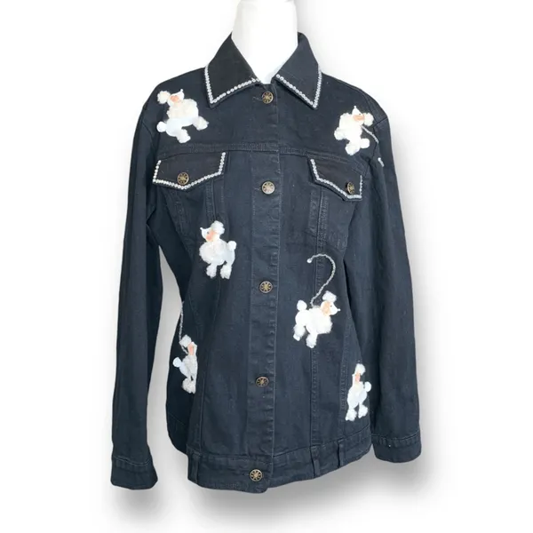 Vintage Y2K Quacker Factory Black Denim Jacket‎ White Poodle Embroidered Dog - Image 3