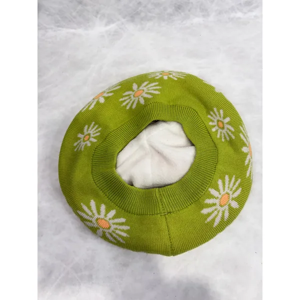 Wild Fable Lime Green‎ Daisy Floral Knit Beret Hat Fleece Lined One Size - Image 3