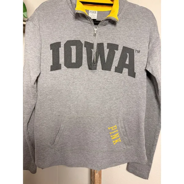 PINK Victoria's Secret Iowa Hawkeyes Quarter Zip Pullover Gray Yellow Medium - Image 3