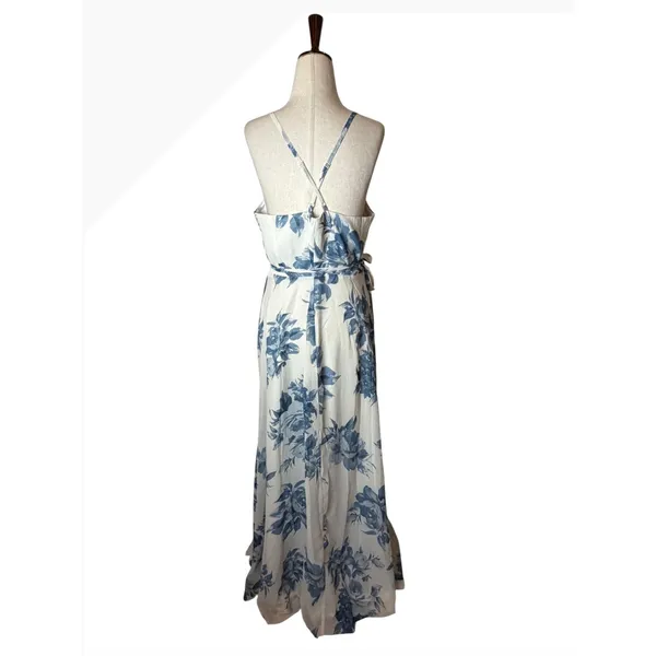 Lulus Elegantly Inclined Wrap Dress Women XL Blue‎ Cream Floral Print Maxi Boho - Image 6