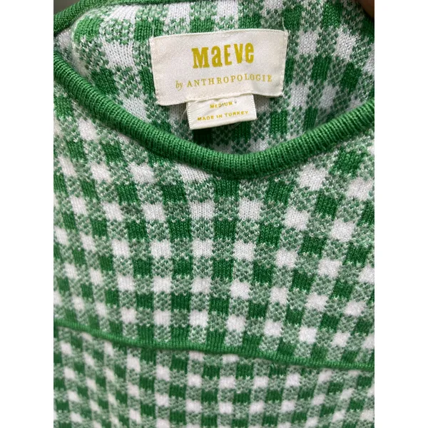 Anthropologie Maeve Gingham Green & White Knit Mini Mod Dress Sz M - Image 4