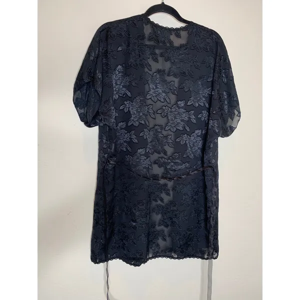 Vintage Black Satin Robe Floral Semisheer Fabric Sz Medium Dressing Gown - Image 7