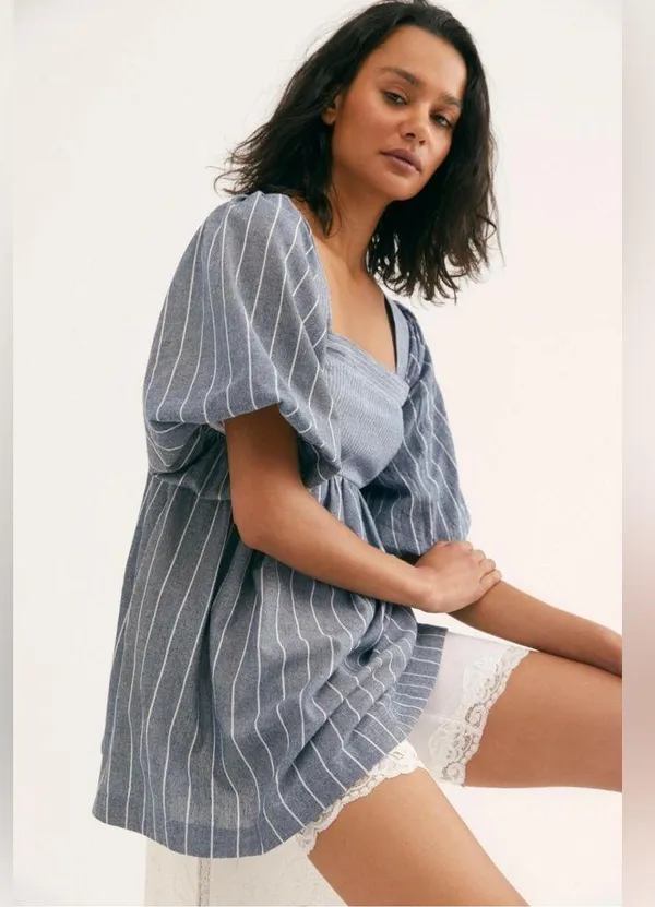 Free People Blue and White Textured Dress - Image 4