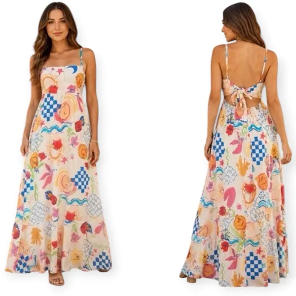 Paper Heart Colorful Celestial Open Back Abstract Maxi Dress Size Small - Image 2