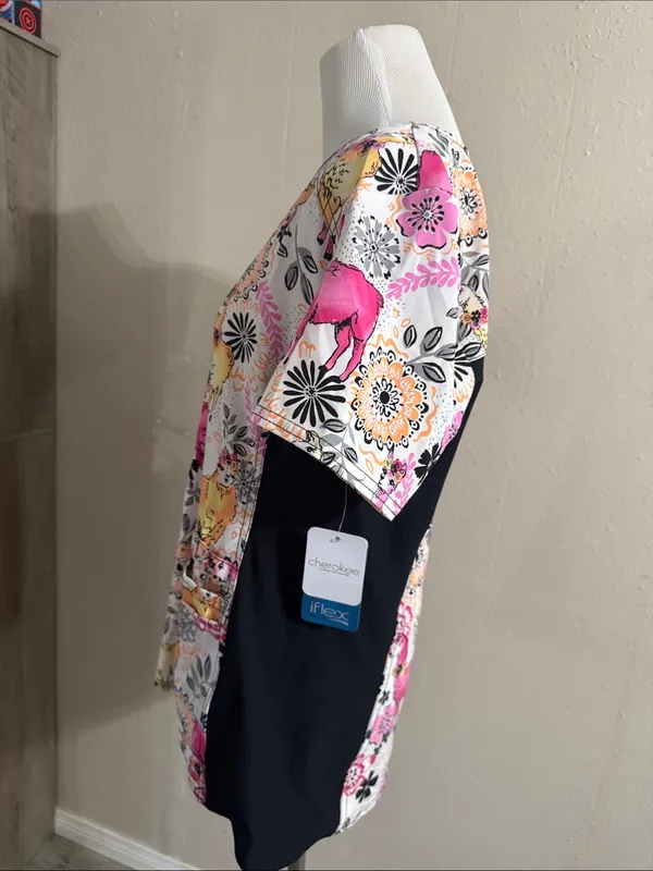 Cherokee V-Neck Scrub Top in Pink, Yellow & Black Floral llama Print - Image 5