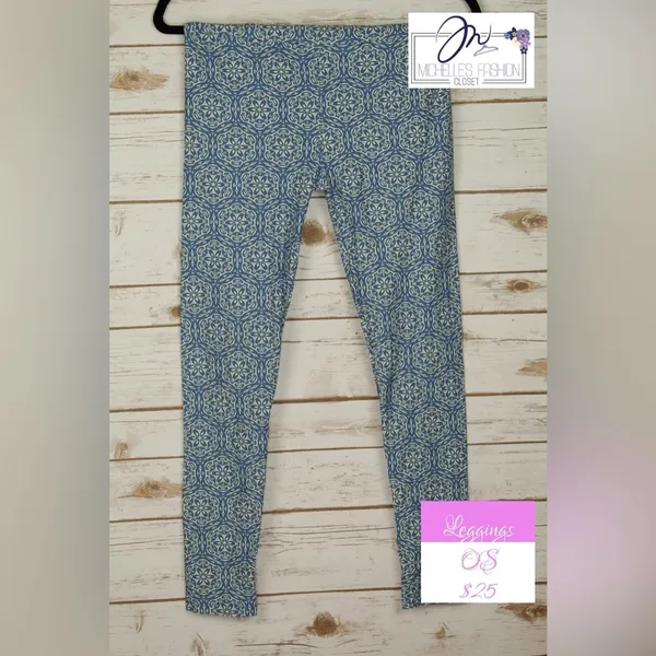 NWOT LuLaRoe Leggings Blue Cream Floral Mandala OS One Size (2-10) - Image 7
