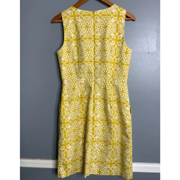 Boden Mustard Yellow Patterned Sleeveless Midi Sheath Classic Dress Size 6 - Image 4