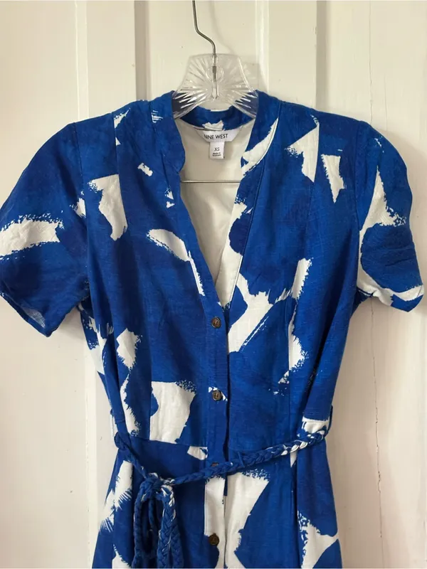 Nine West Blue and White Button-Front Midi Dress - Image 3