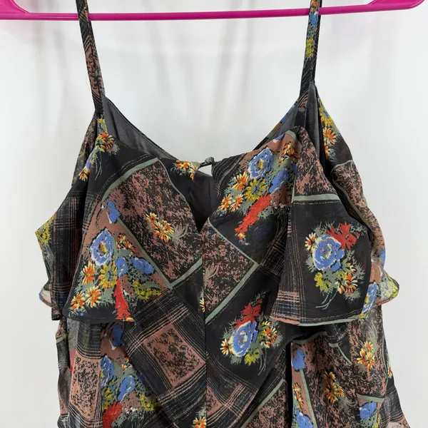 Free People Dress SZ 6 Daisy Chain Floral Plaid Chiffon Tiered Ruffle Sheer Boho - Image 11