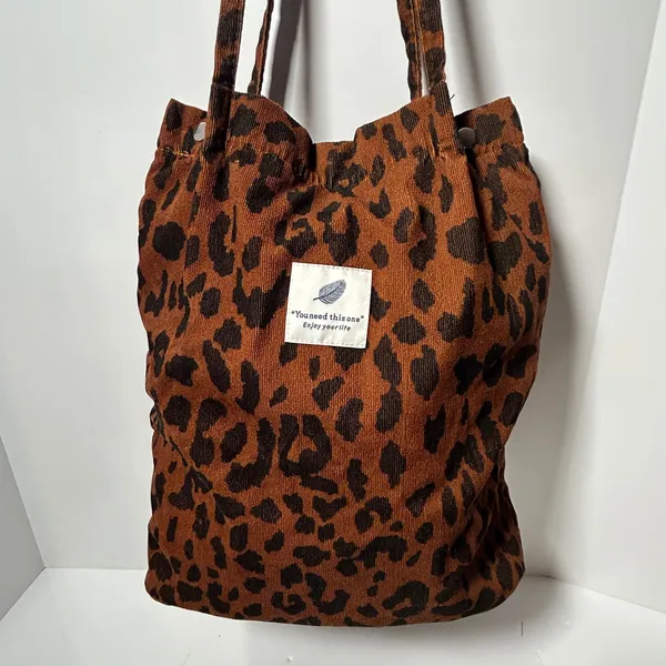 Leopard Print Corduroy Tote‎ Bag Brown Black Animal Pattern Snap Closure Lined - Image 3
