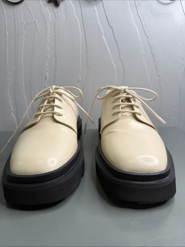 Anthropology Maeve Cream Lace-Up Platform Loafers with Black Sole - Image 4