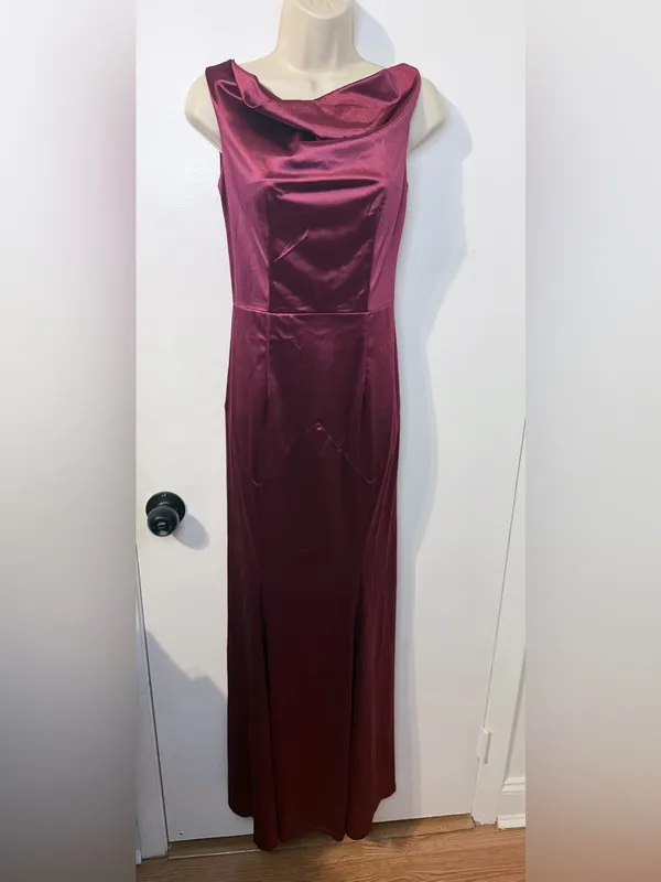 MUXXN S Burgundy Satin Cowl Neck Formal Gown V Back Maxi Dress - Image 5