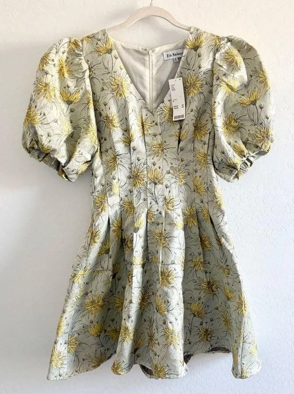 En Saison Floral Jacquard Mini Dress Puff Sleeve Party Cottagecore M - Image 2